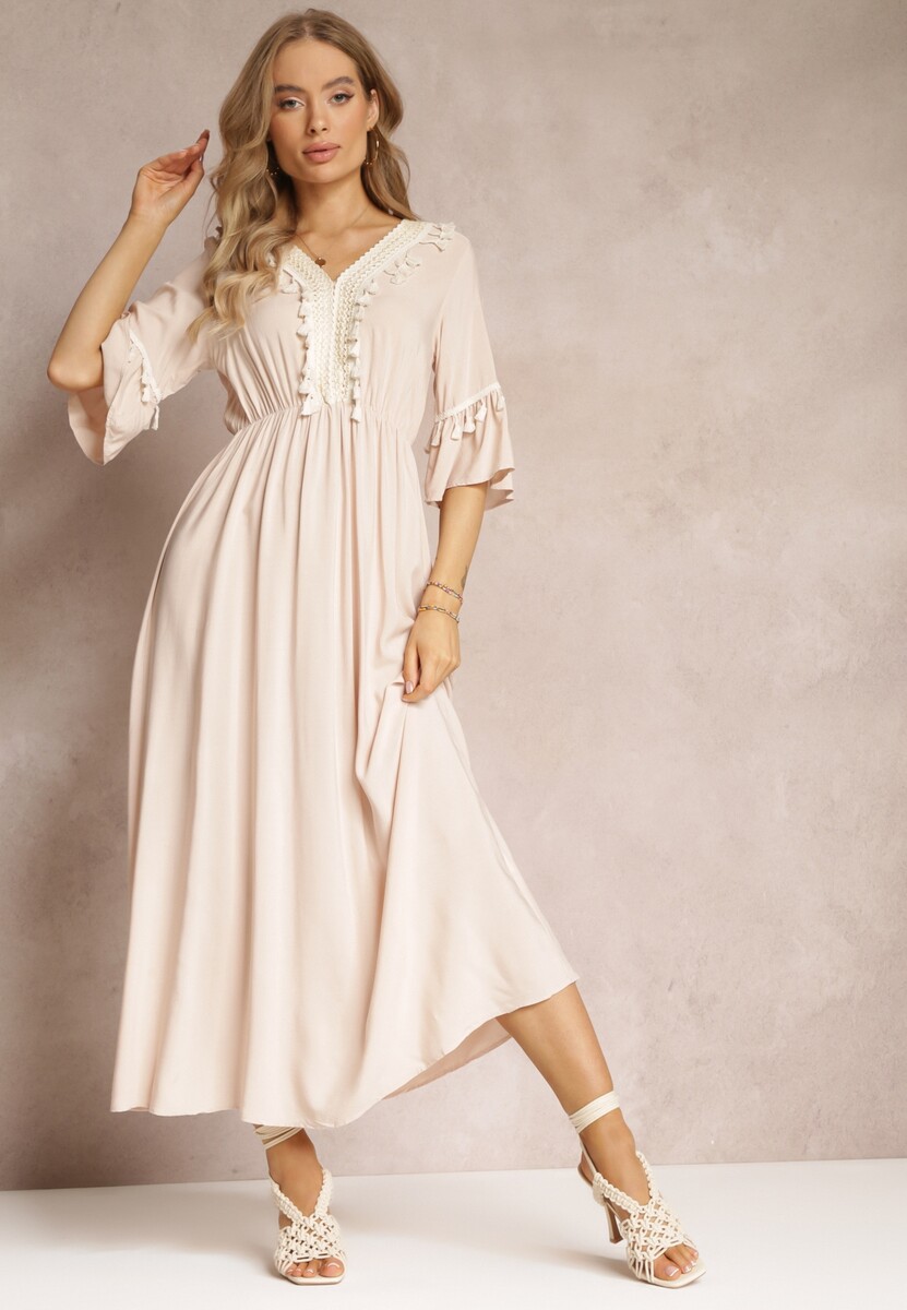 Fuksjowa Sukienka Maxi z Gumką w Talii z Ozdobnymi Chwostami z Wiskozy Zisel