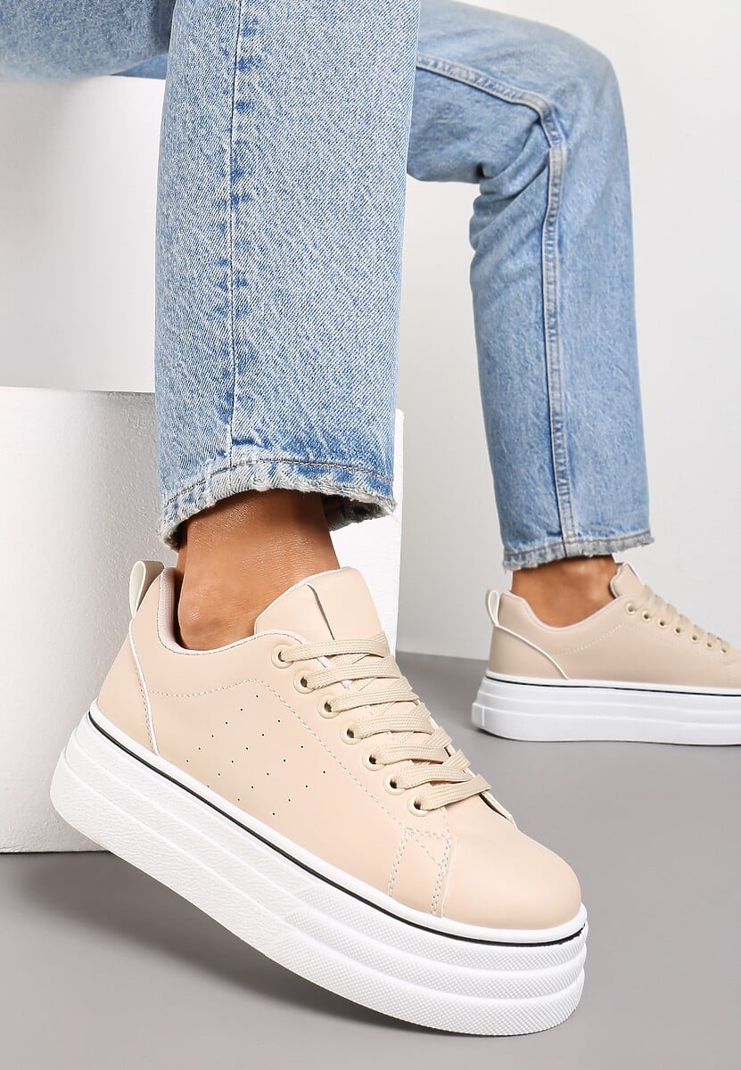 Beżowe Sznurowane Sneakersy  na Platformie z Ekoskóry z Przeszyciami Onurte