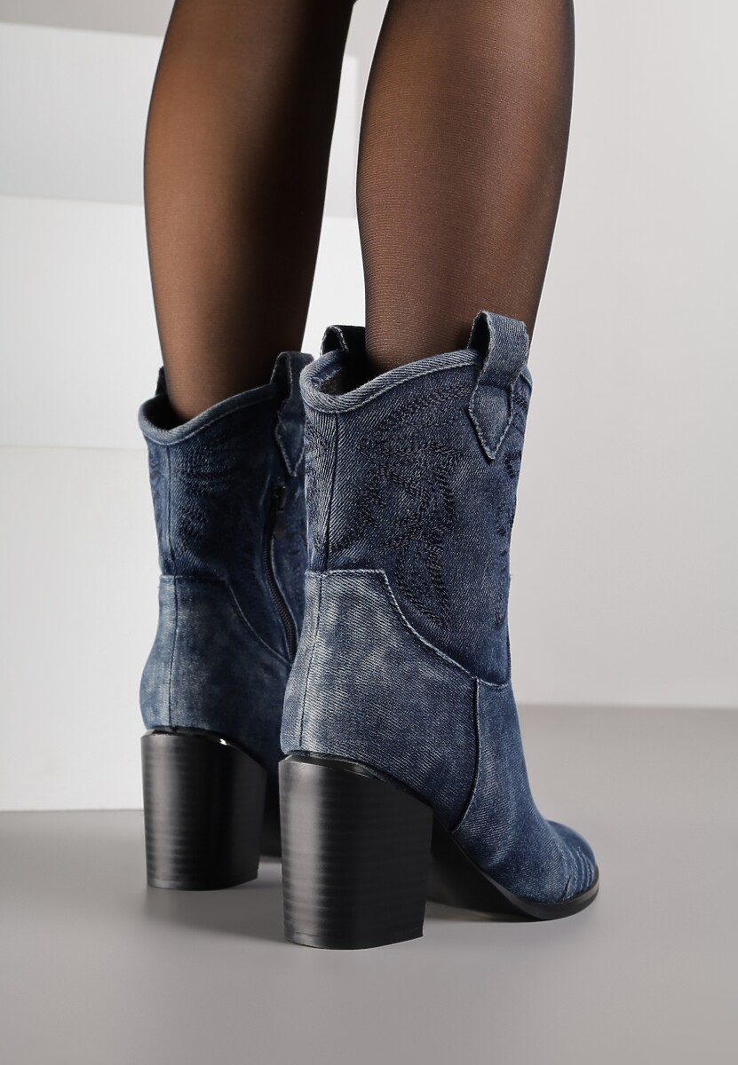 Granatowe Botki Typu Kowbojki na Słupku z Przeszywanymi Detalami Laorielle