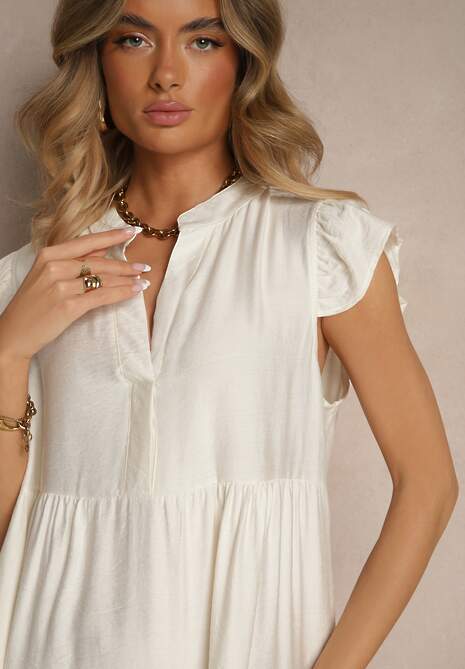 Jasnobeżowa Rozkloszowana Sukienka z Dekoltem w Kształcie Litery V Mevamara