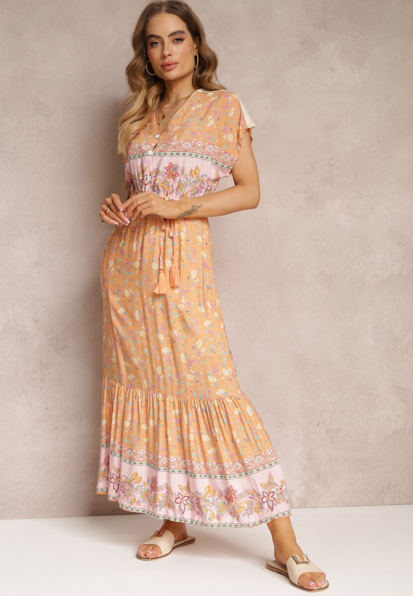 Pomarańczowo-Różowa Rozkloszowana Sukienka Maxi z Gumkami w Pasie z Bawełny Besie