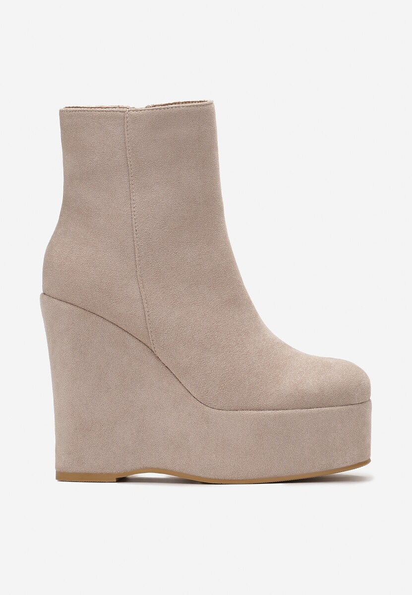 Beżowe Botki na Koturnie z Wysoką Platformą z Imitacji Zamszu Morrena