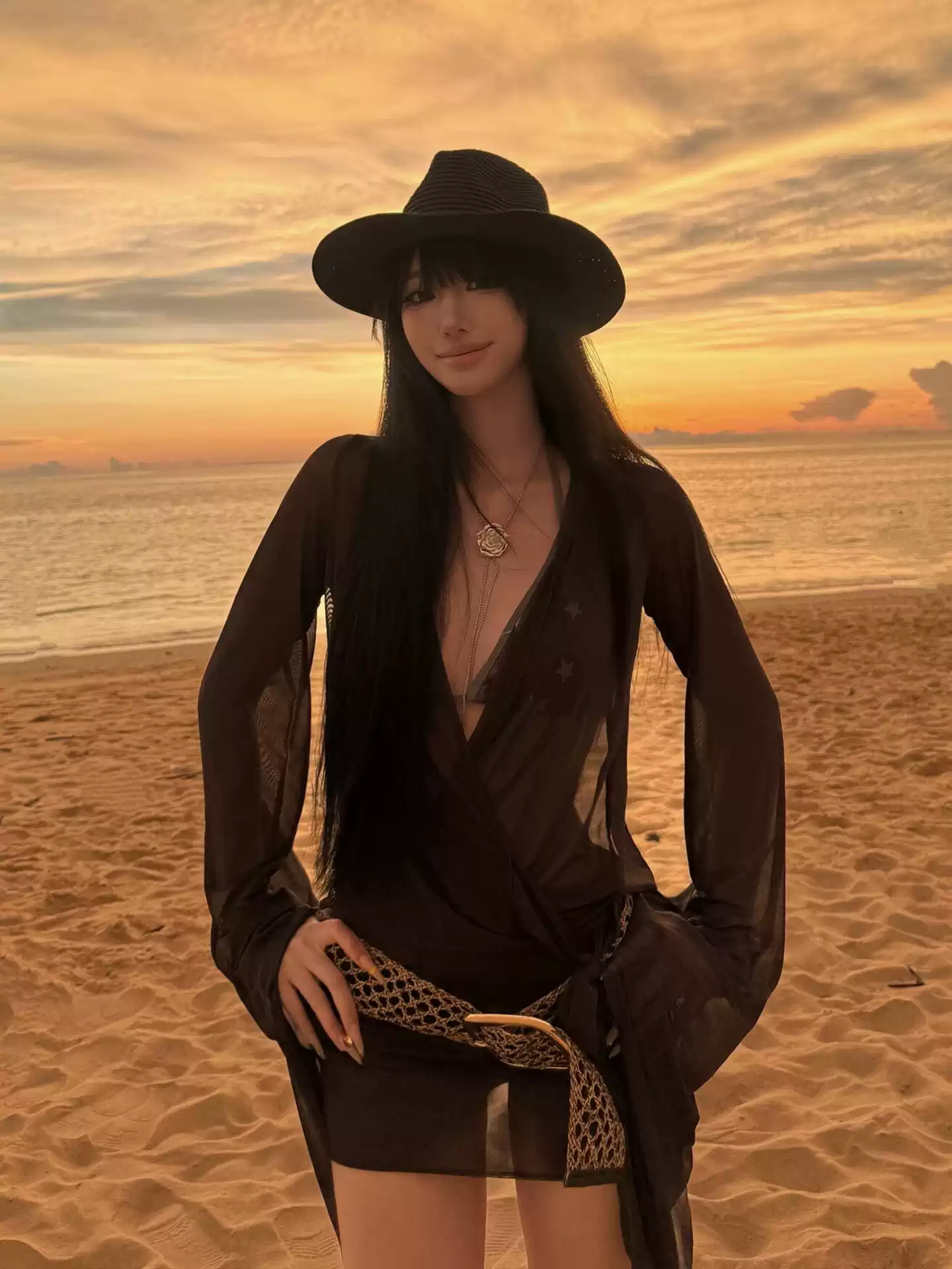 Sexy Star Bikini Three-Piece Set - Mesh Long-Sleeve Cover-Up for Beach & Resort