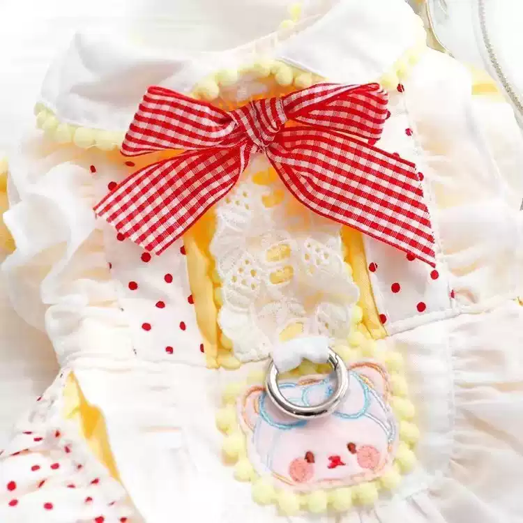 Spring/Summer Thin Pet Dress - Cute Bear Pattern, Lolita Style with Leash, Small Dog & Cat (Teddy, Universal Fit)