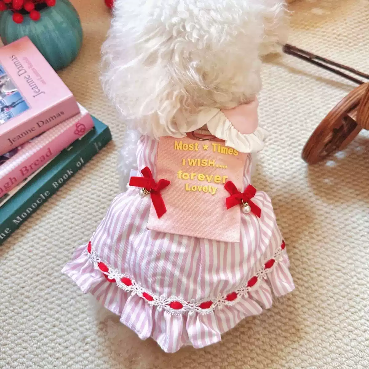 Pet Dress for Dogs & Cats - Winter Autumn Striped Plaid Sweet Korean Style Warm Fleece-Lined Leash-Ready Two-Piece