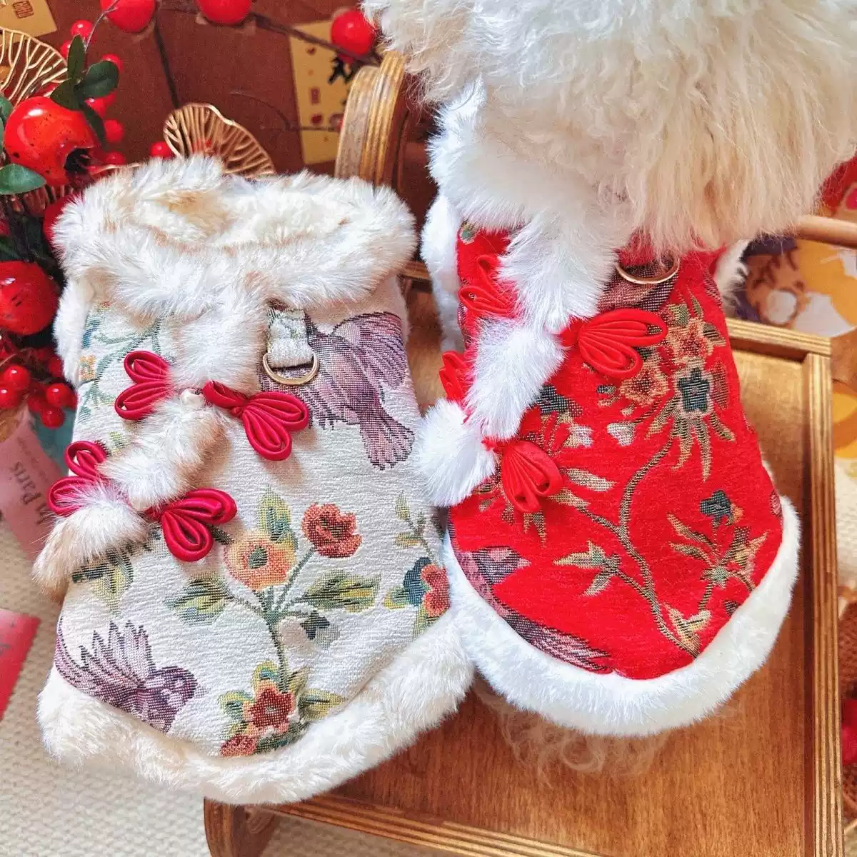 Retro Embroidered Chinese Style Pet New Year Outfit - Tang Suit Cotton Coat with Leash