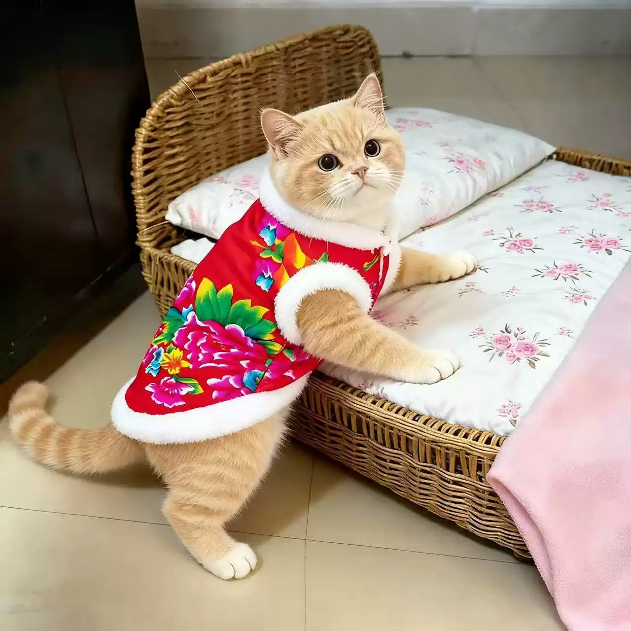 Autumn & Winter Warm Plush Collar Pet Padded Jacket with Northeast Floral Pattern, New Year Tang Suit Style