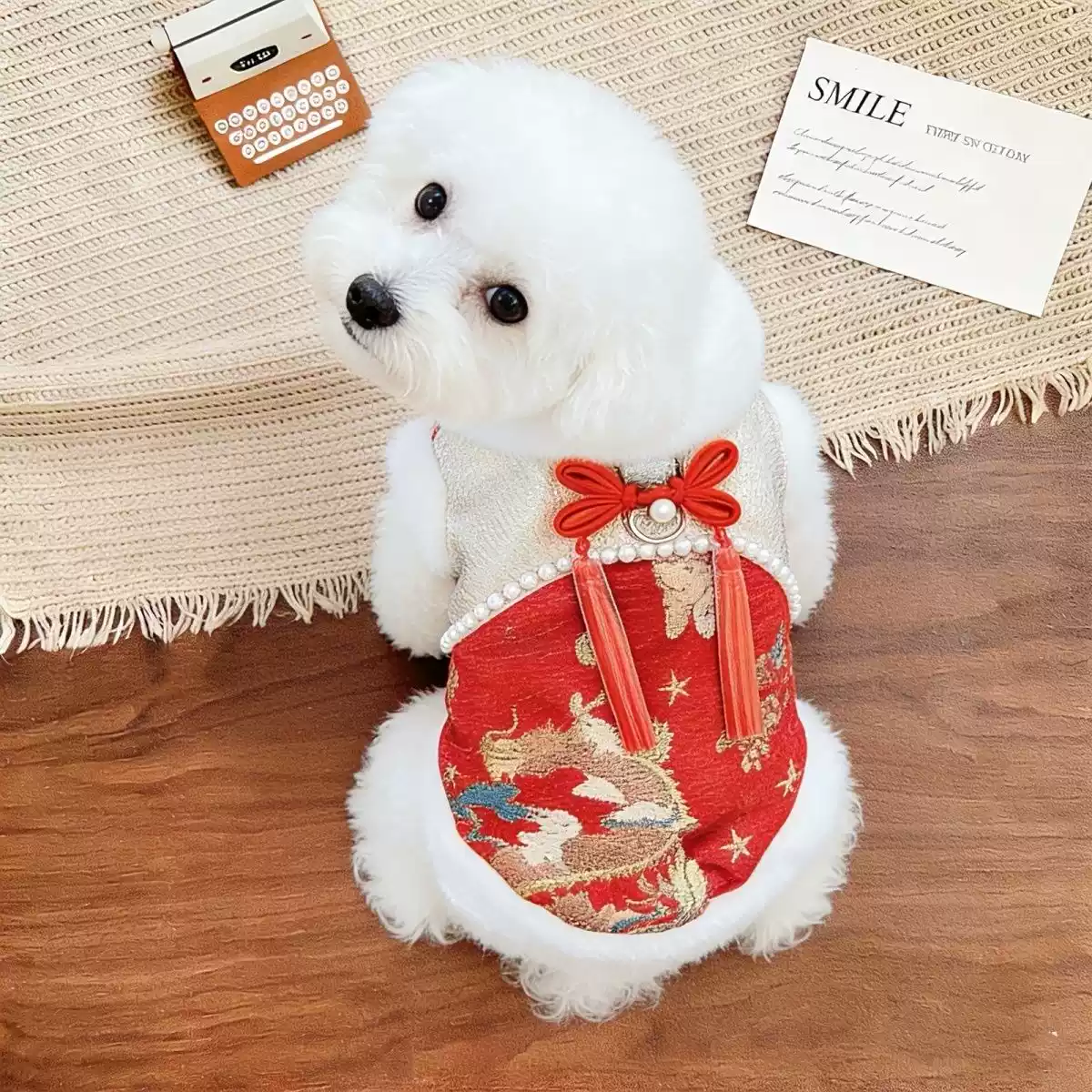 Pet Red Embroidered Cotton Coat with Traditional Chinese Hanfu Style - New Year Festive