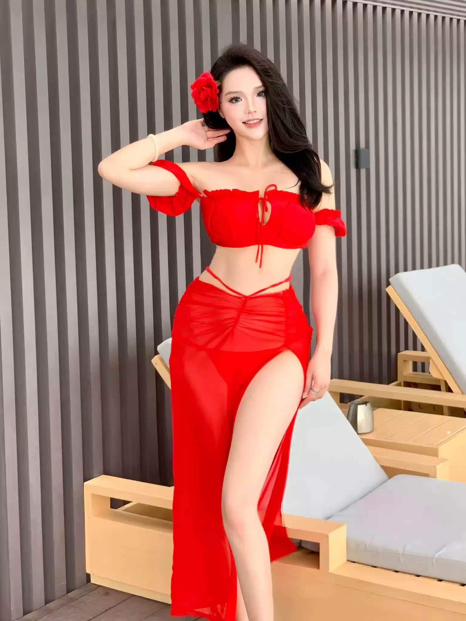 Red Two-Piece Long Dress Bikini - Push-Up, Sexy for Women's Vacation & Hot Springs