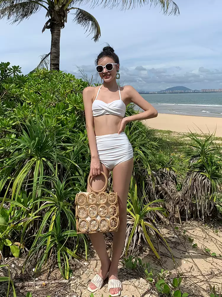 New Style White Separate Bikini Three-Piece Set - Flattering Figure, Tummy Control Women's Summer Swimwear