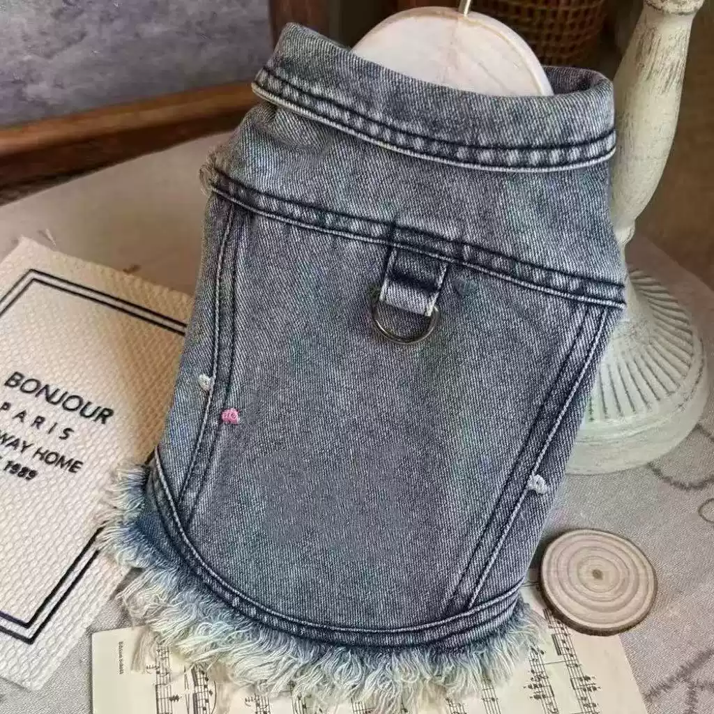 Pet Dog Embroidered Frayed Denim Vest - Small Dog Breeds (Maltese, Schnauzer, Poodle) - Autumn & Winter - Sleeveless