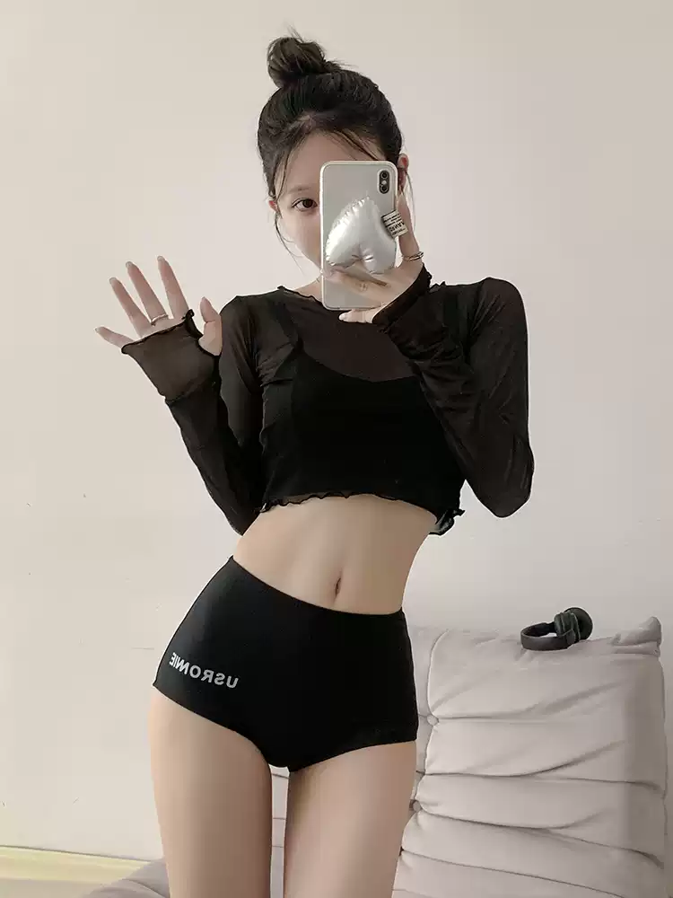 Black Long-Sleeve Two-Piece Bikini Swimsuit with High Waist, Push-Up, Slimming Design, Sun Protection for Surfing & Vacation