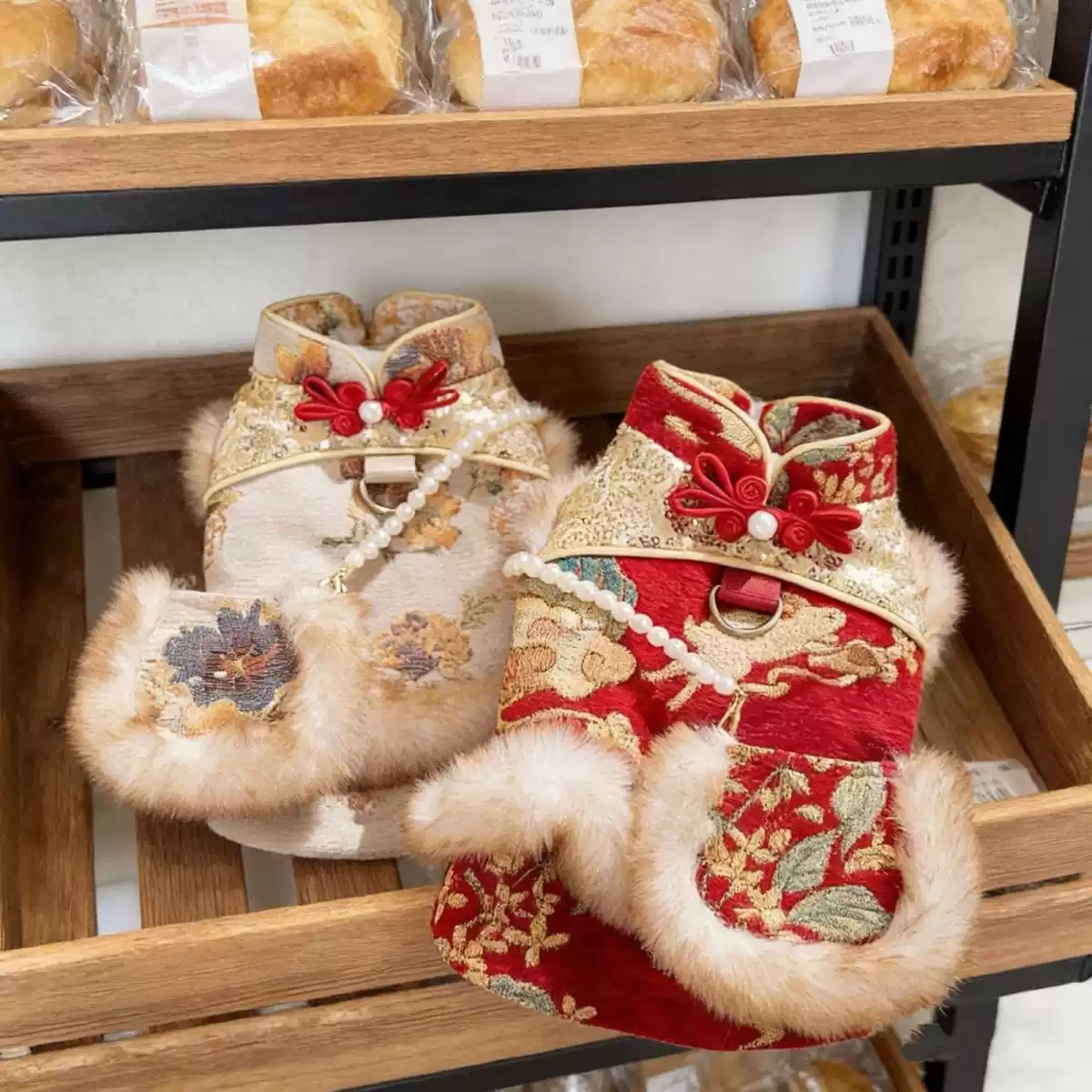 Winter & Autumn New Year Festive Floral Brocade Pet Dress - Chinese Knot Button Style for Small Dogs