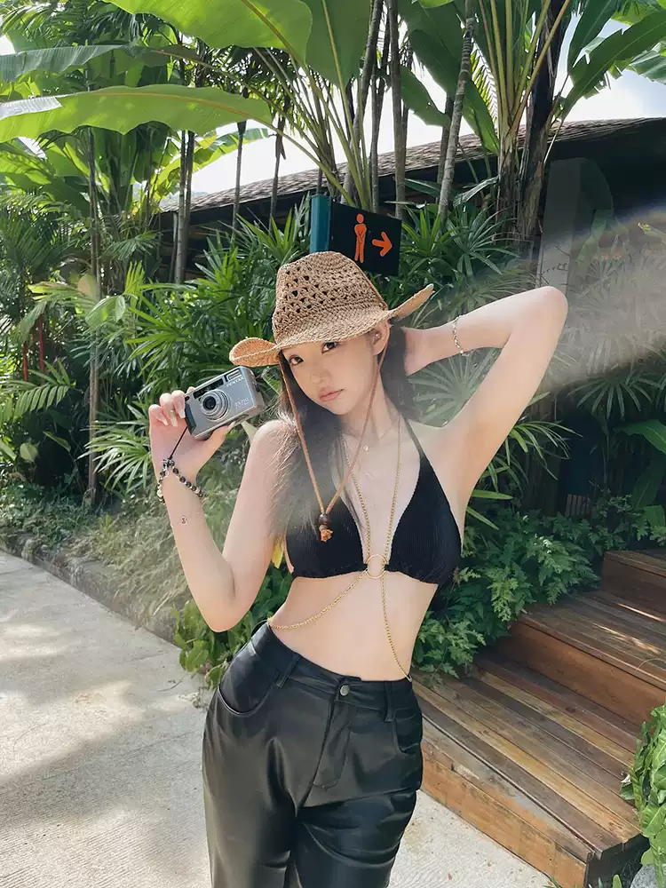 Trendy Fashionable Influencer Style Black Chain Separate Three-Piece Bikini Swimsuit for Women