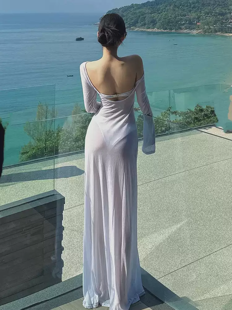 Island Vacation White Backless Long Sleeve Sheer Blouse Dress Bikini Three-Piece Set Women's Sexy Swimsuit