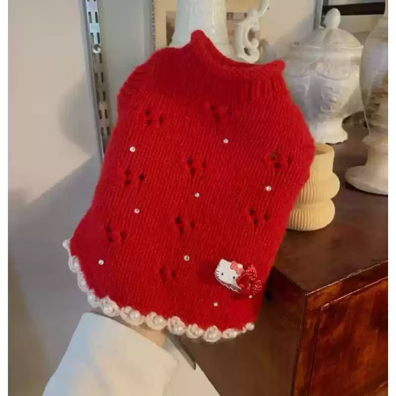 Pet New Year Hand-Knit Mink Wool Red Dog Sweater - Warm