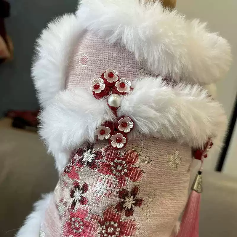 New Year Pet Outfit - Dog & Cat Tang Suit with Plush Fluffy Trim, Chinese Style