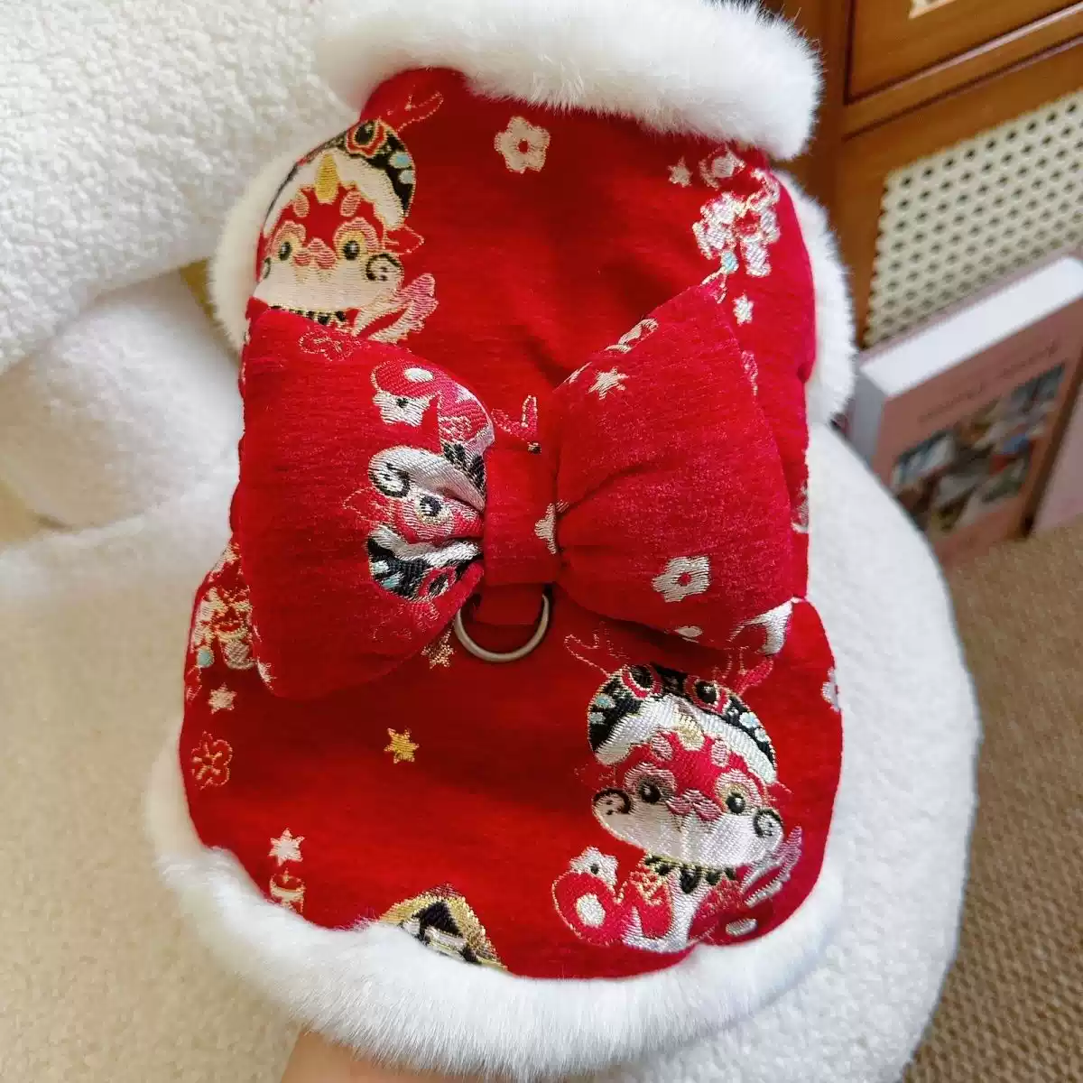 Pet New Year Autumn-Winter Fleece-Lined Warm Tang Suit Dress for Dogs & Cats (Teddy Bear, Bichon Frise)