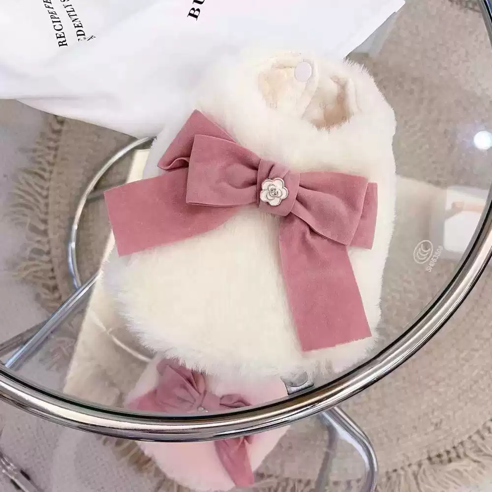 Autumn & Winter Pet Coat with Bow - Soft Cotton & Rabbit Fur for Small Dogs & Cats