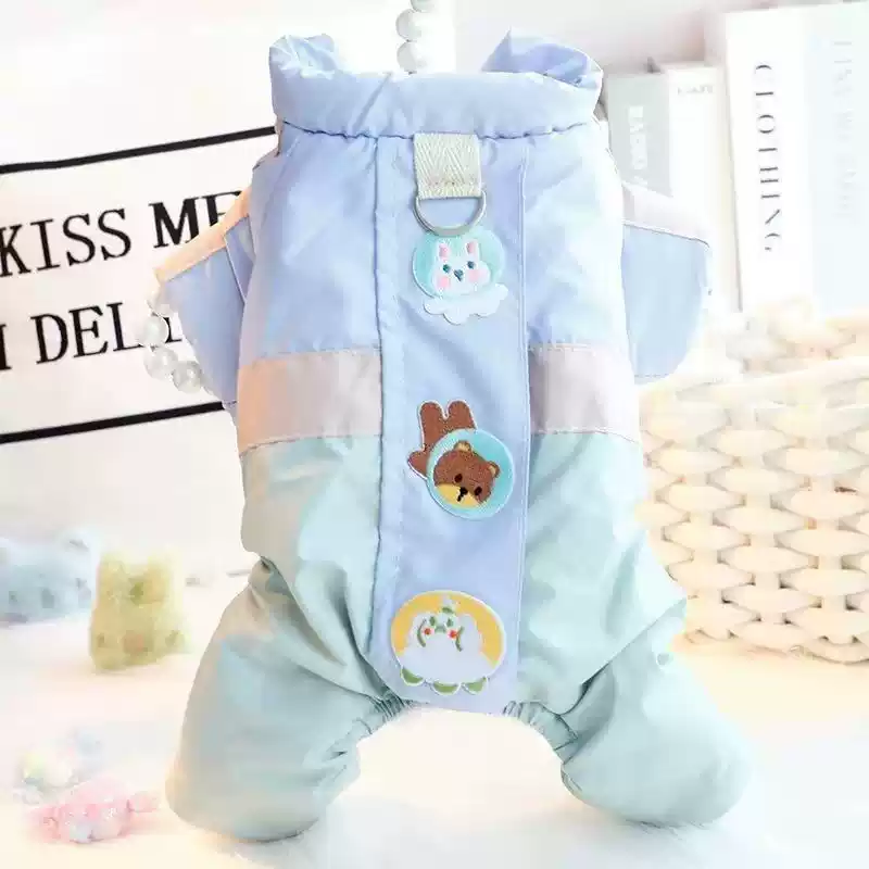 Small Dog Autumn Winter Fleece-Lined Space-Themed 4-Legged Onesie, Waterproof Windproof, Leash-Compatible