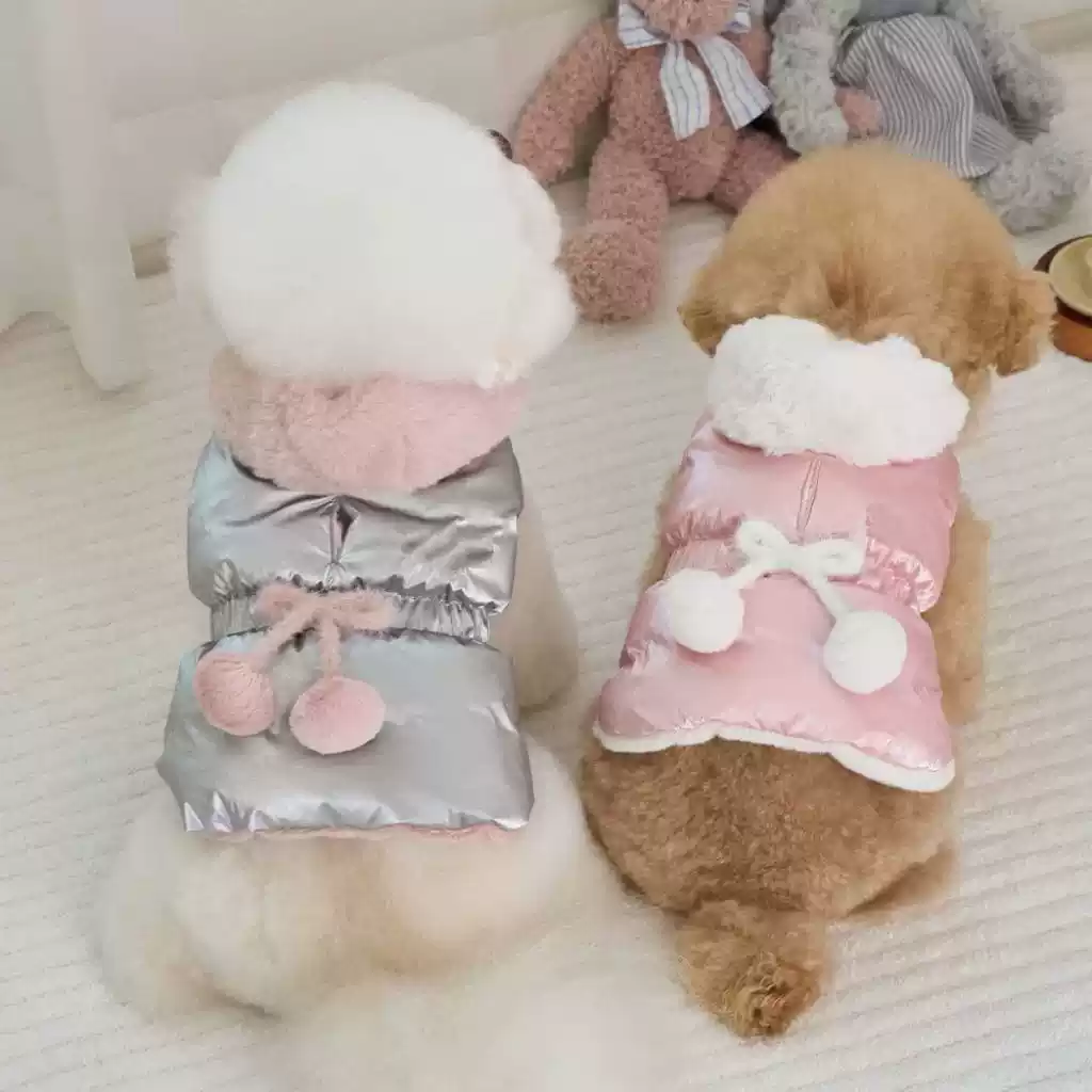 Hooded Vest with Fur Collar and Pom Poms for Cats and Dogs, Warm Fleece-Lined Thickened Autumn Winter Clothing