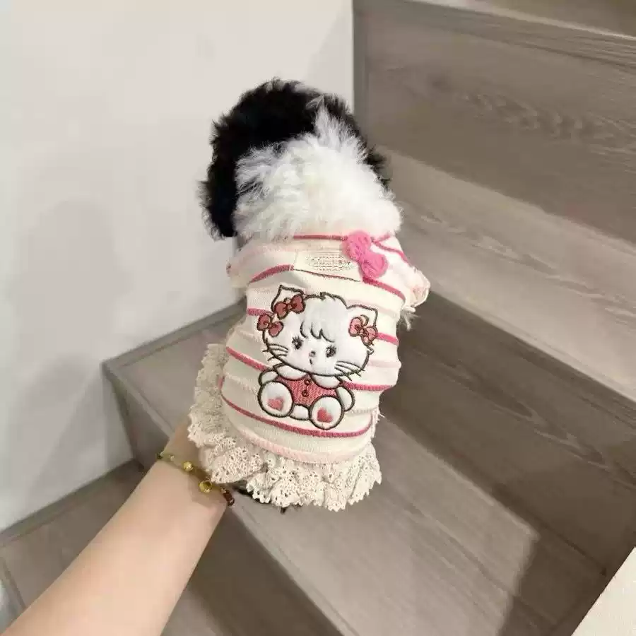 Pet Dog & Cat Striped Princess Dress with Cartoon Embroidery, Lace Bow, for Spring/Summer/Autumn, Small Breed