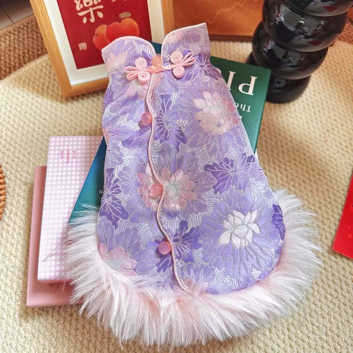 Pet New Year Cheongsam-Style Cotton Jacket for Dogs & Cats, Festive Autumn/Winter Outfit