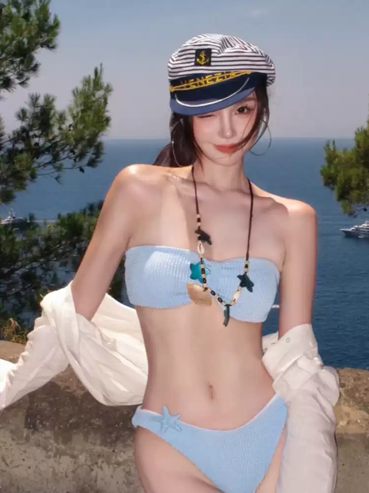 Women's Blue Strapless Triangle Bikini with White Cover-Up