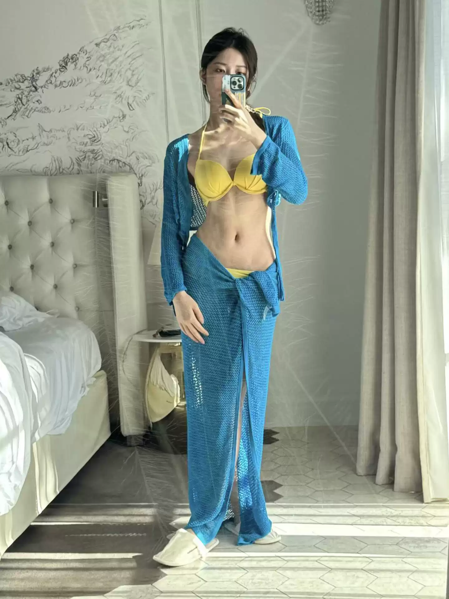 New Style Figure-Flattering Swimsuit Set - Bikini with Beach Dress (Blue/Yellow) for Women