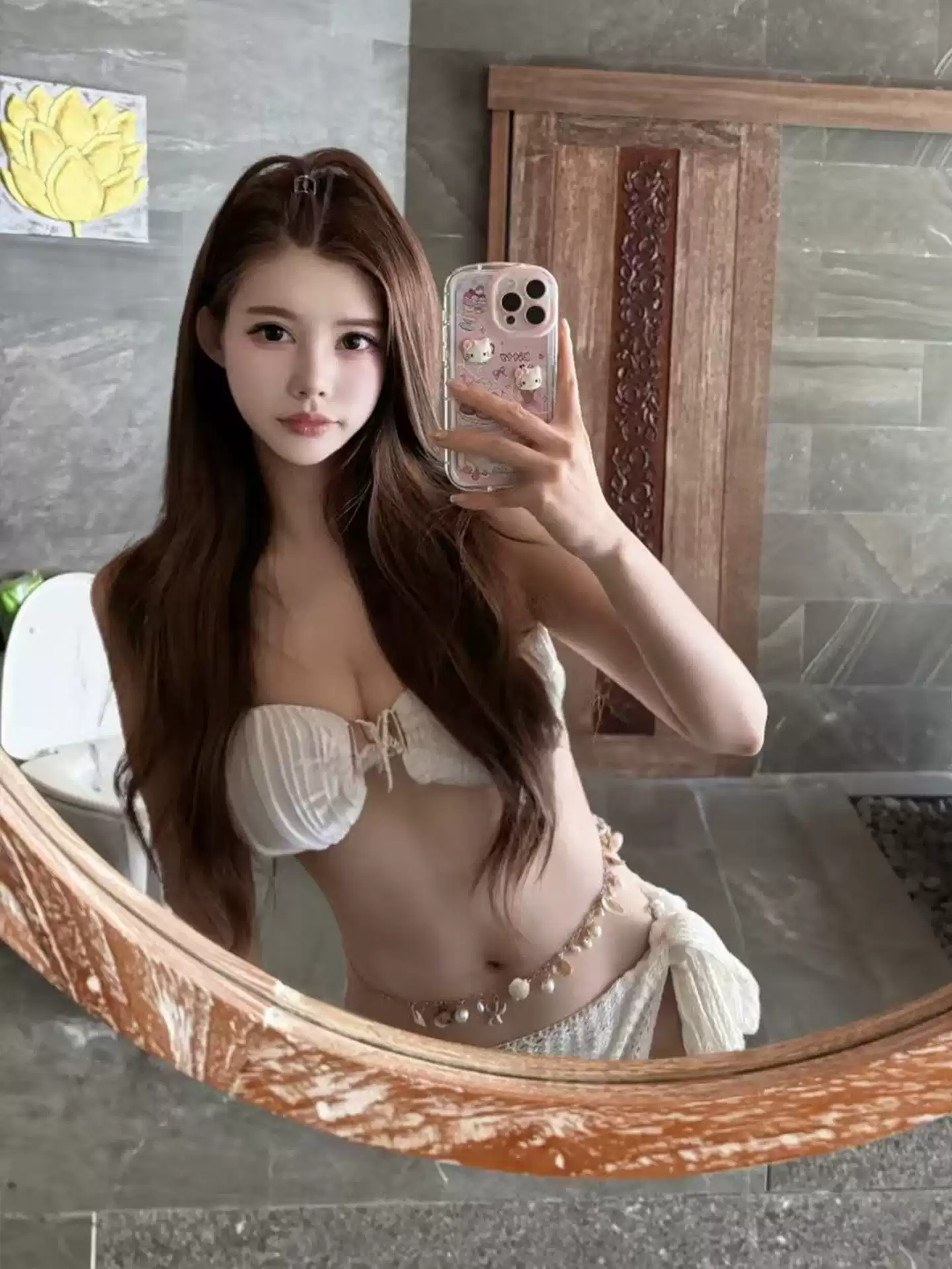 White Strapless Starfish Two-Piece Bikini with Knitted Skirt and Shell Waist Chain - Beach Vacation Women's Swimsuit