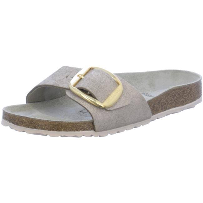 Birkenstock Madrid Big Buckle Washed Metallic Rose Gold Leather Mules