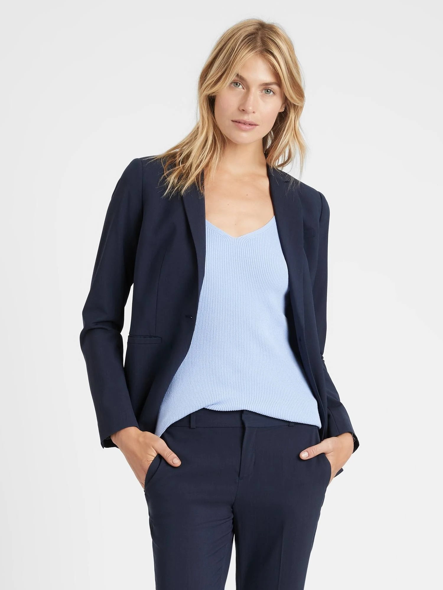 Banana Republic Women's Long and Lean-Fit Washable Wool-Blend Blazer Navy Blue Size 12