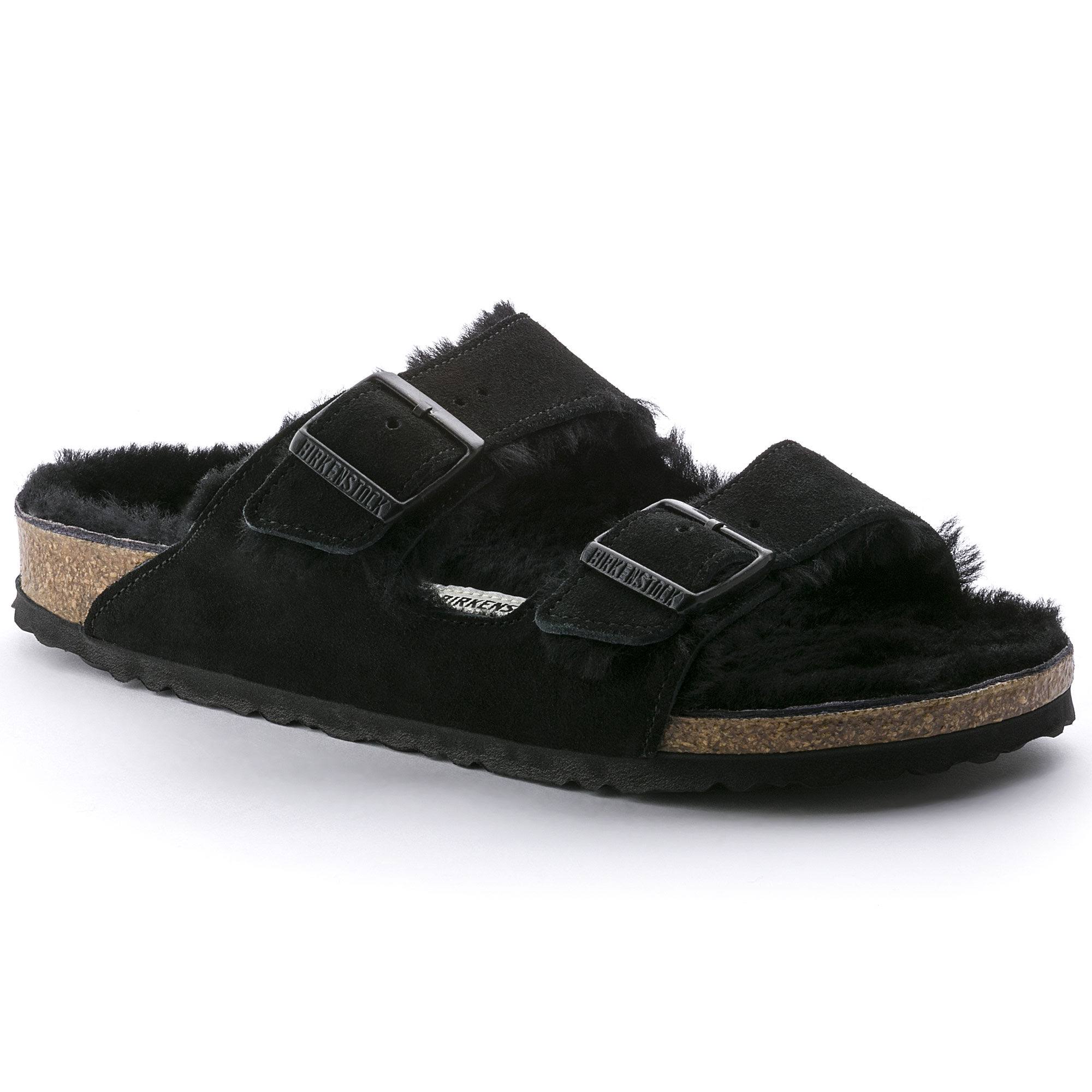 BIRKENSTOCK Arizona Suede Leather Black Shearling Two-Strap Sandals