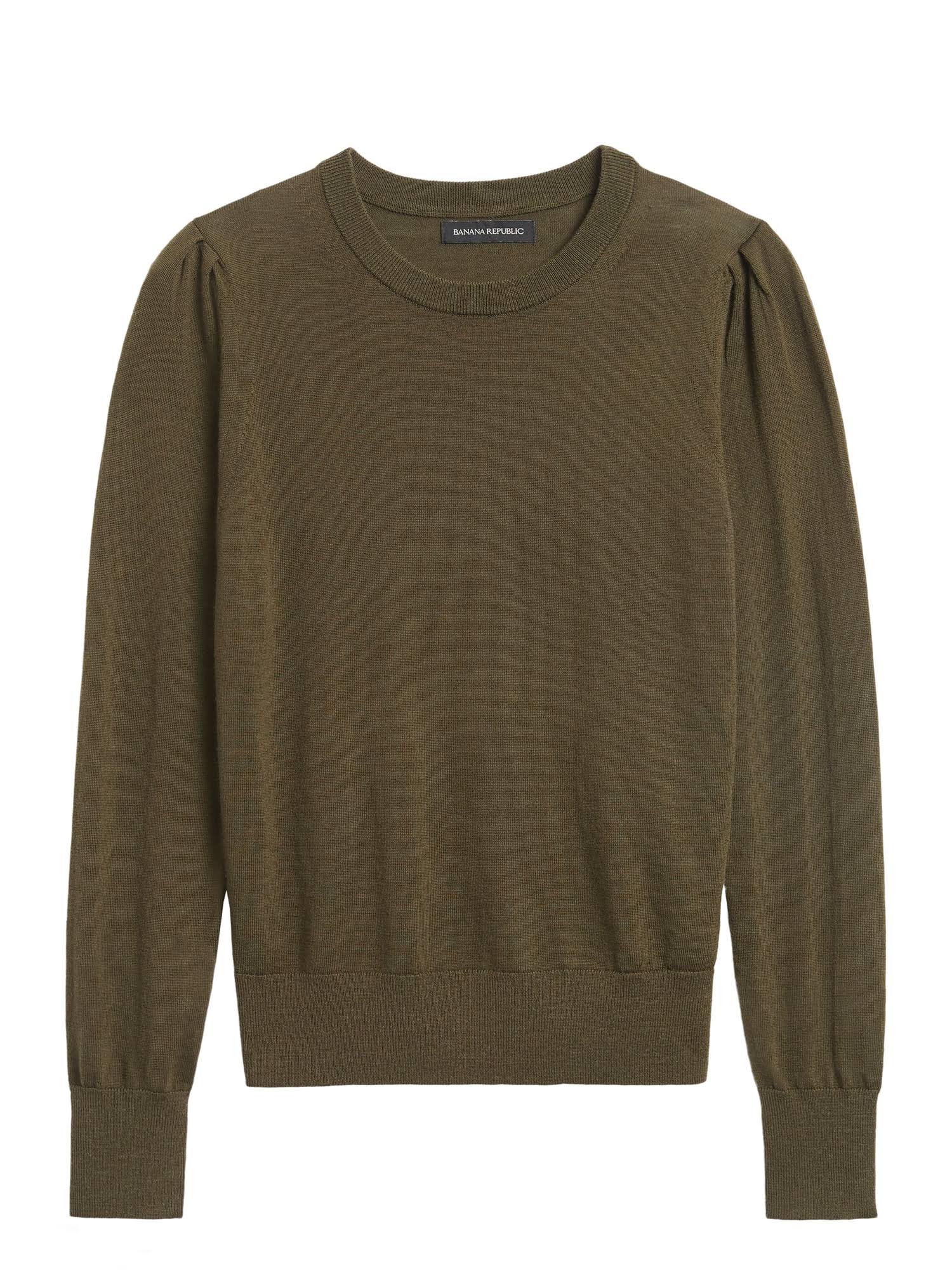 Banana Republic Women's Washable Merino Puff-Sleeve Sweater Olive Green Size S