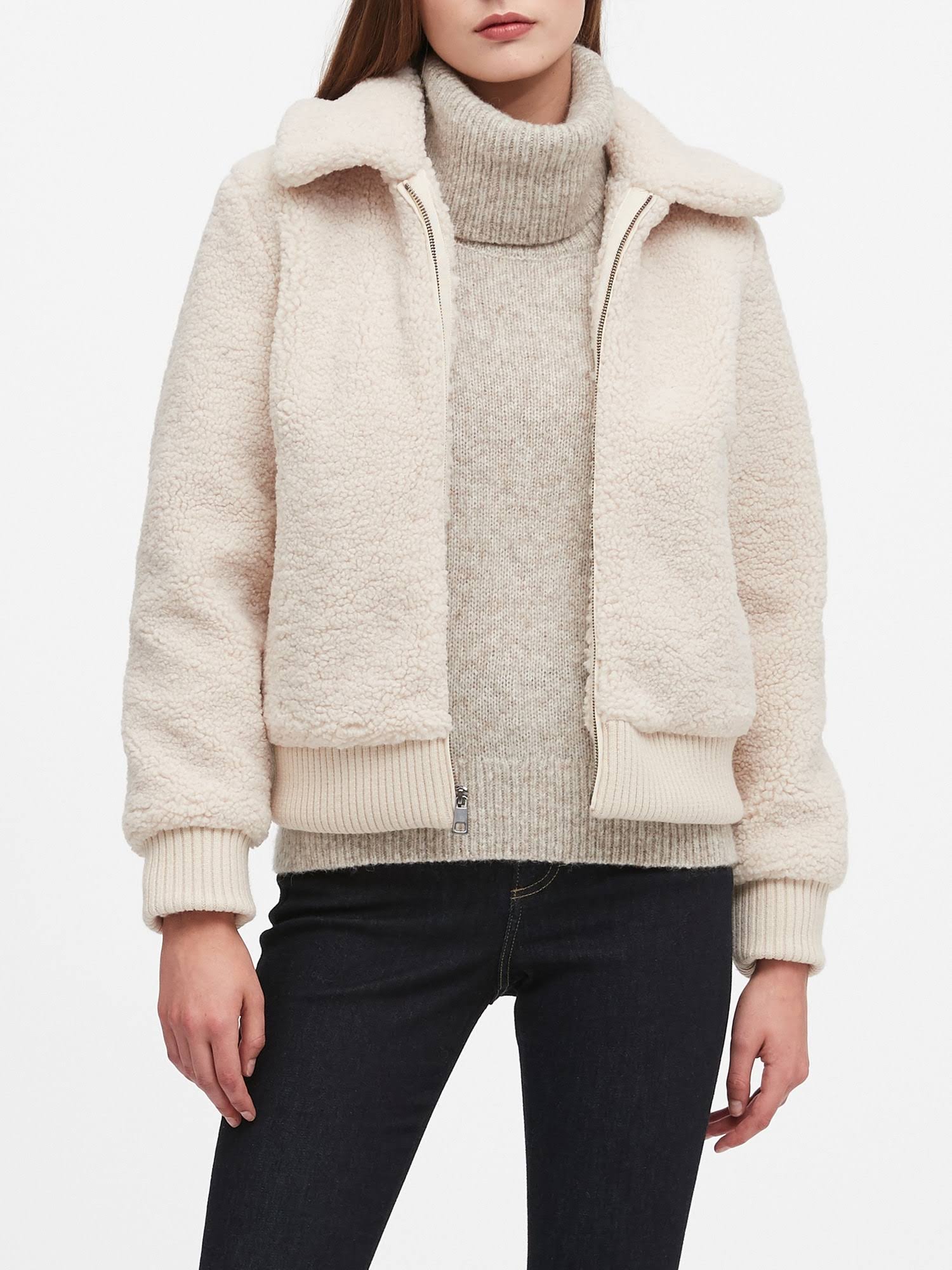 Banana Republic Women's Petite Sherpa Bomber Jacket Off White Petite Size L