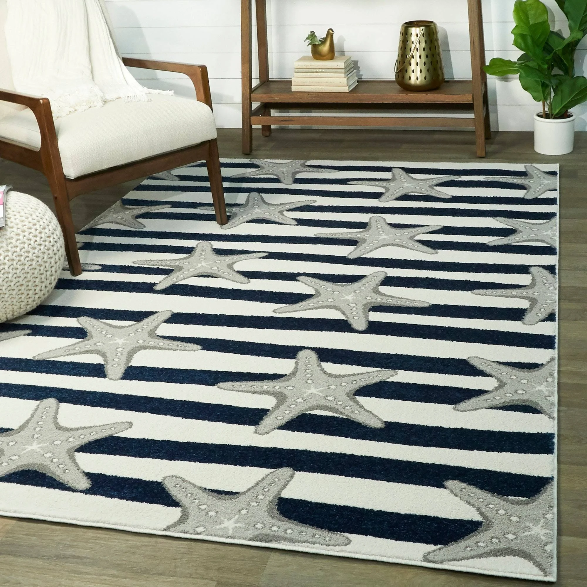 Balta Sereia Starfish Print Striped Navy/Grey 8 ft. x 10 ft. Area Rug