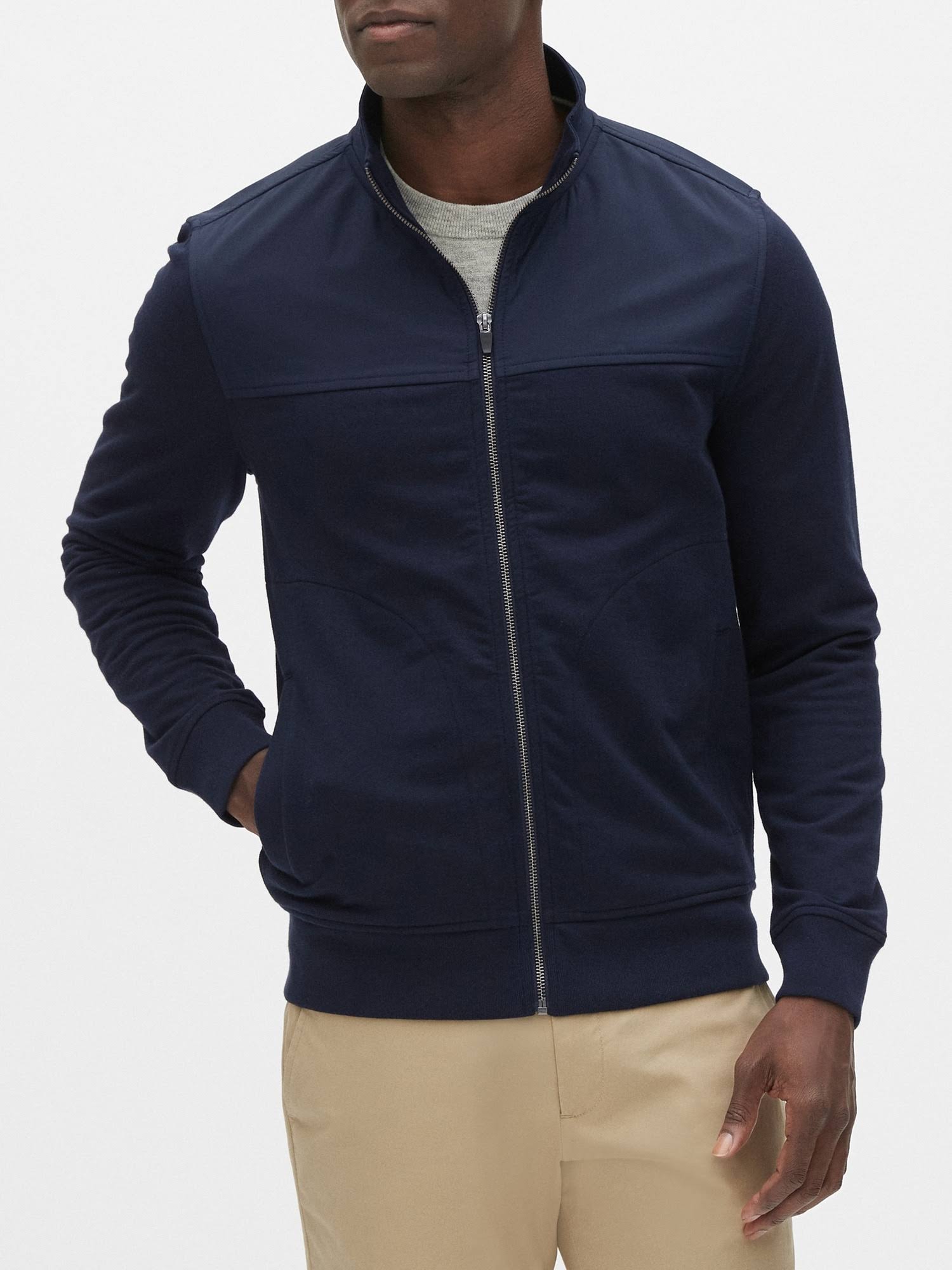 Banana Republic Factory Men's Mixed Media Mock-Neck Jacket Preppy Navy Regular Size L