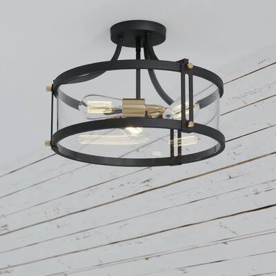 William 3 - Light 15.75x22 Lantern Drum Semi Flush Mount Industrial Lodge Home Fixture Finish: Nobel Bronze/Gold