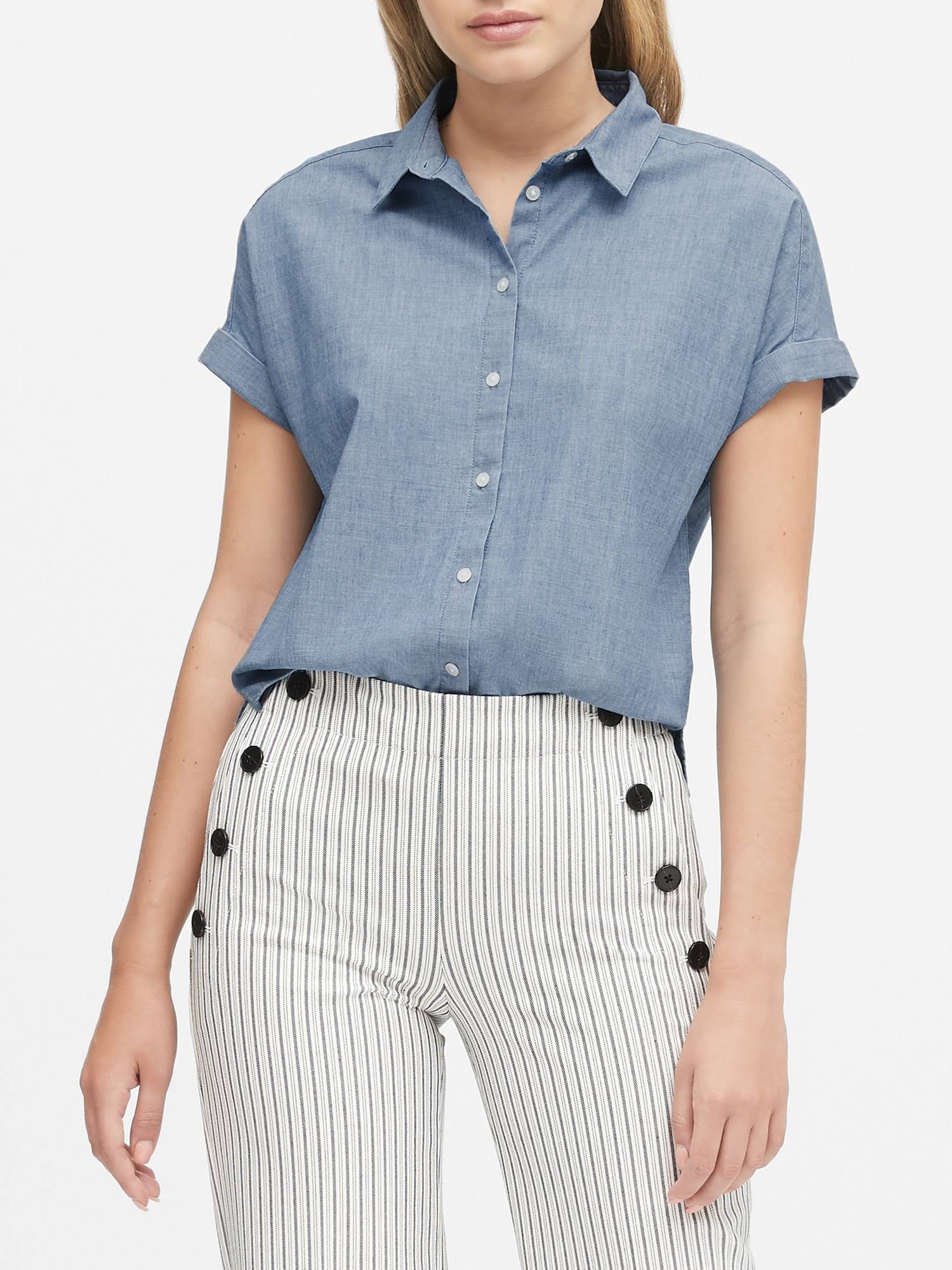 Banana Republic Women's Chambray Roll-Cuff Shirt Cerulean Blue Size L