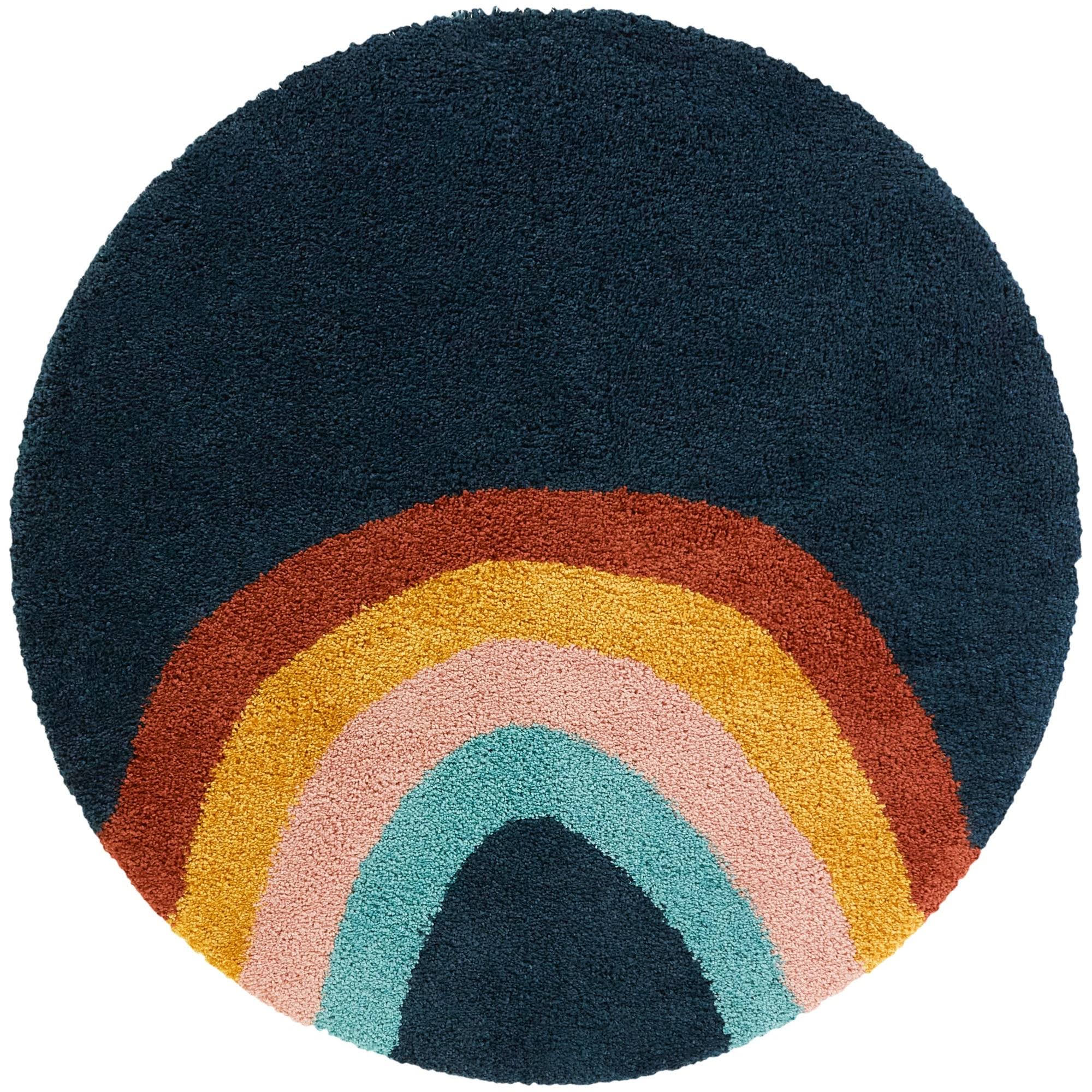 Amelia Rainbow Print Shag Kids Area Rug - 5&3x22 Round - Navy Blue