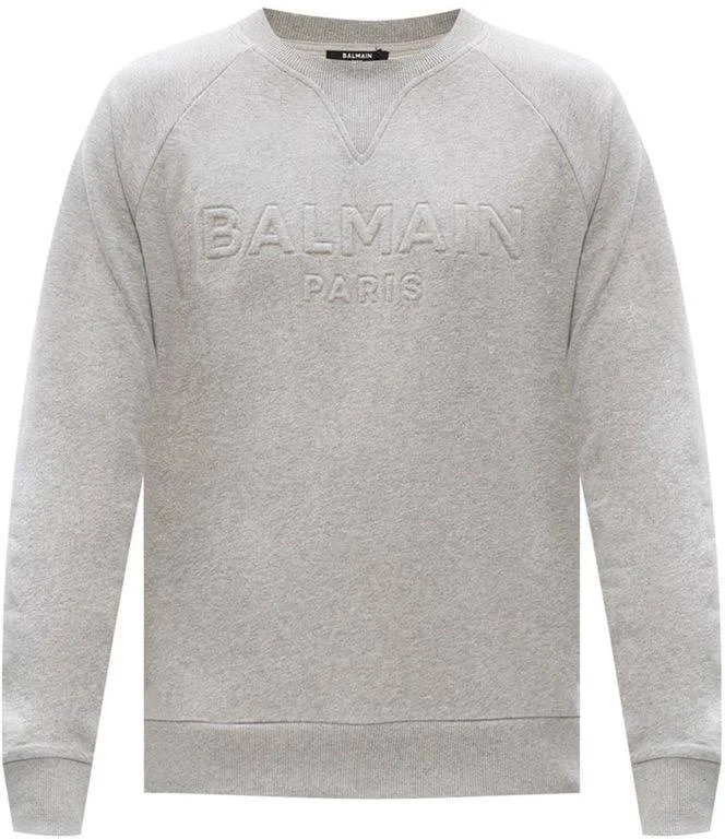 Balmain Mens Grey Logo-embossed Crewneck Cotton-jersey Sweatshirt S