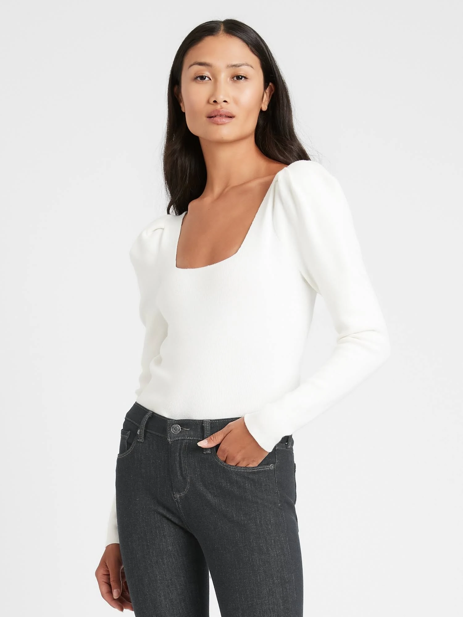 Banana Republic Women's Square-Neck Puff-Sleeve Sweater Top White Size XL