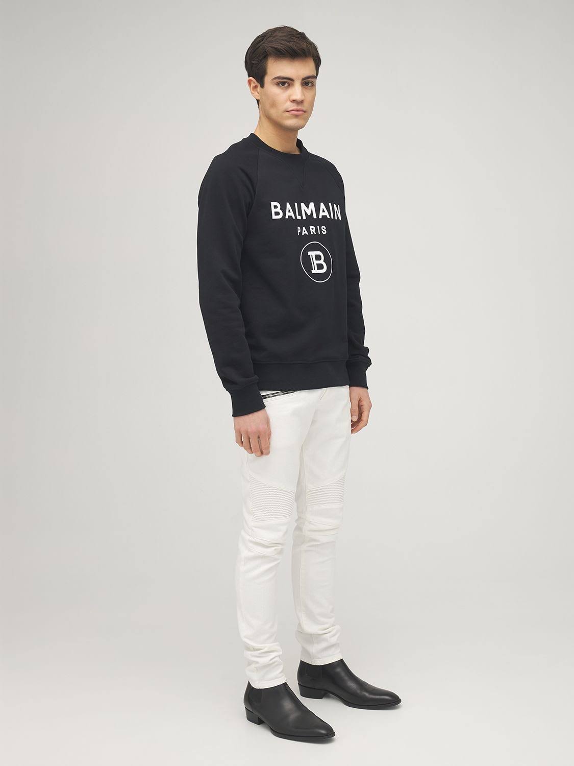 Balmain | Men Logo Print Cotton Jersey Sweatshirt Black Xs