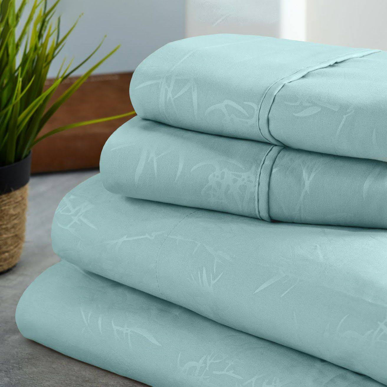 Bamboo 1800 Count Leaf Embossed Bed Sheet Set Aqua / King