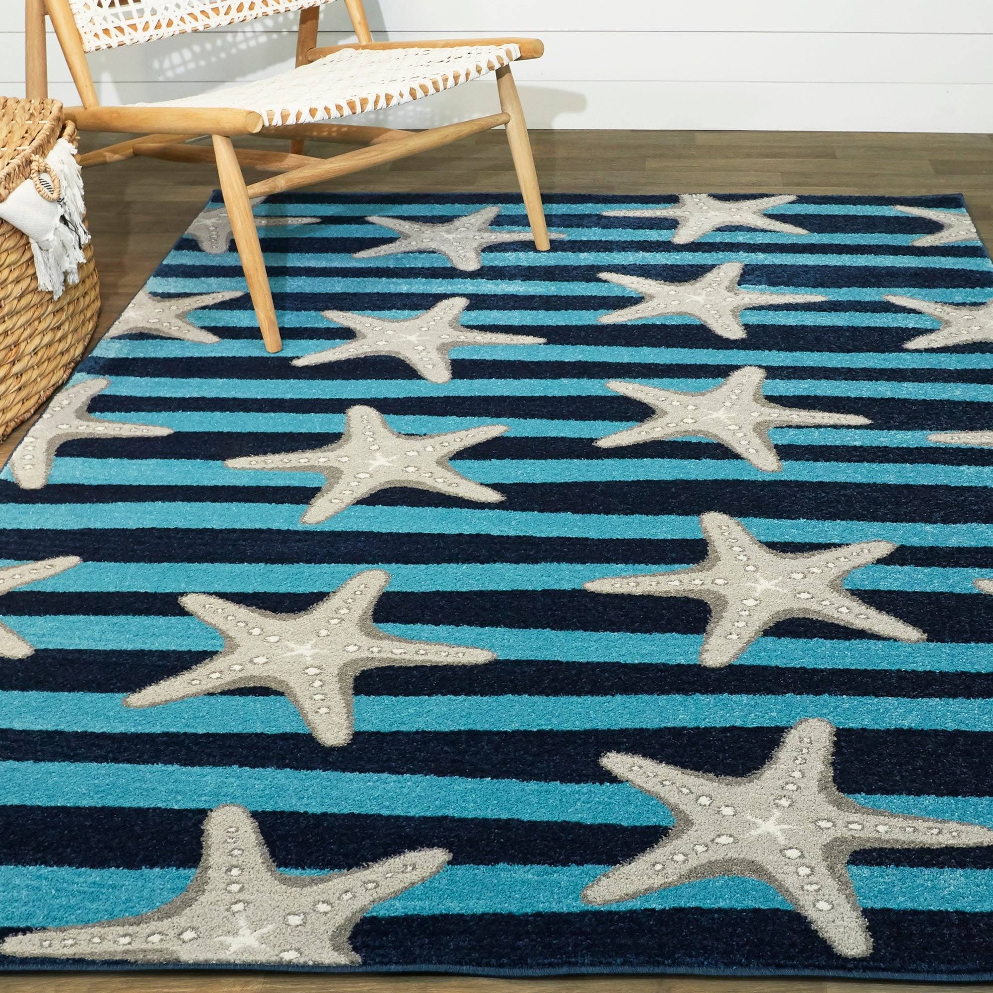 BALTA Sereia Starfish Print Striped Teal/Navy 5 ft. x 7 ft. Area Rug