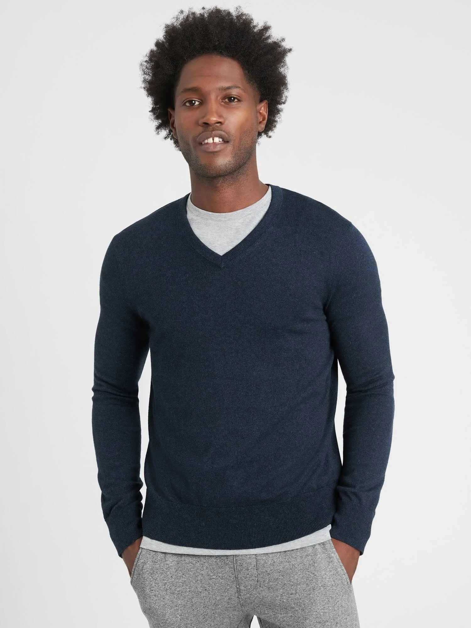 Banana Republic Men's Silk Cotton Cashmere V-Neck Sweater Midnight Navy Size S