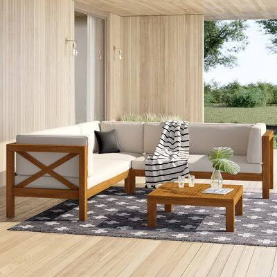 Ellison 4 Piece Sectional Seating Sofa Set with Cushions Highland Dunes Frame Color/Cushion Color: Natual/Beige