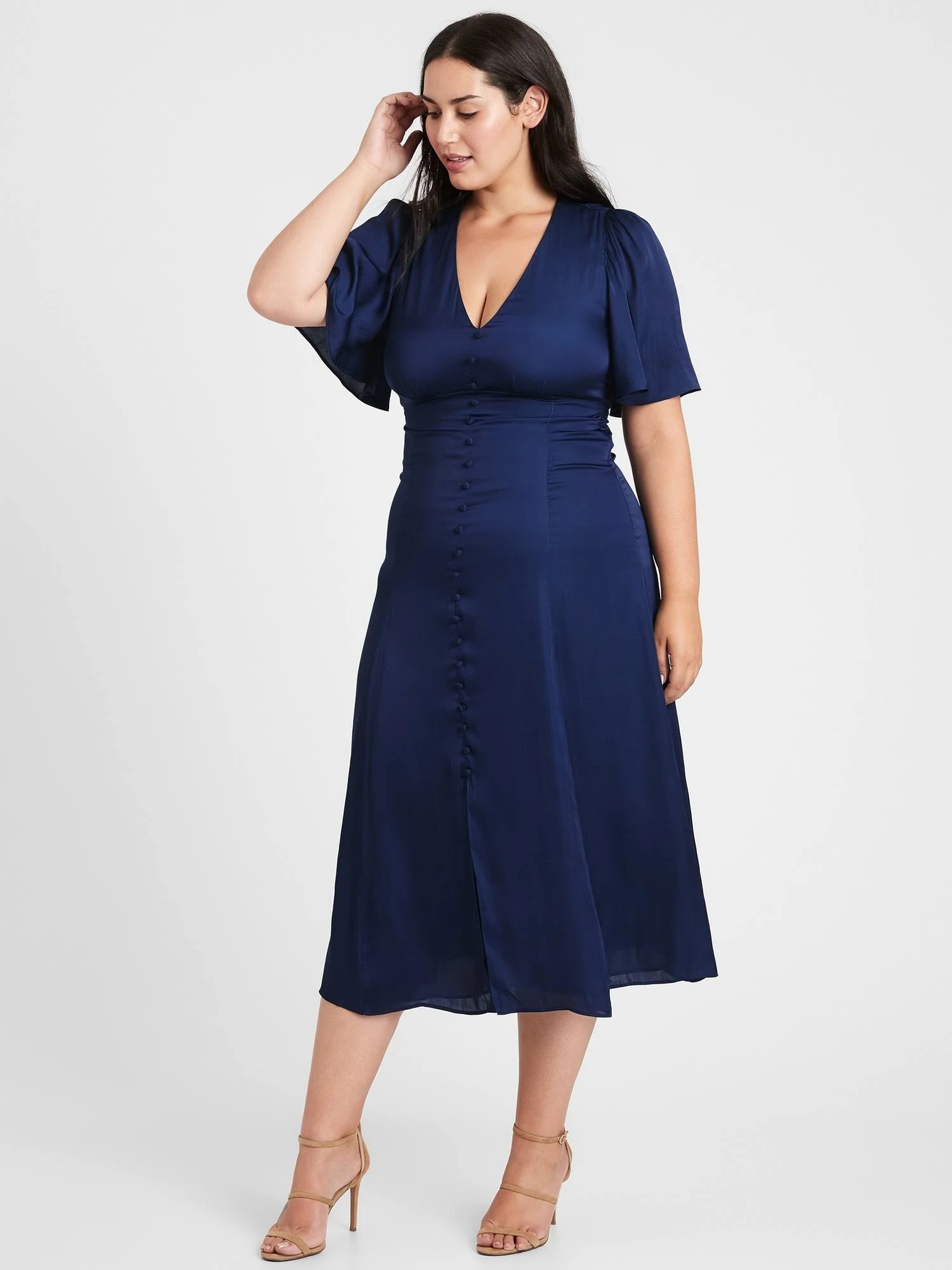 Banana Republic Women's Satin Flutter-Sleeve Midi Dress Night Flight Navy Size 0