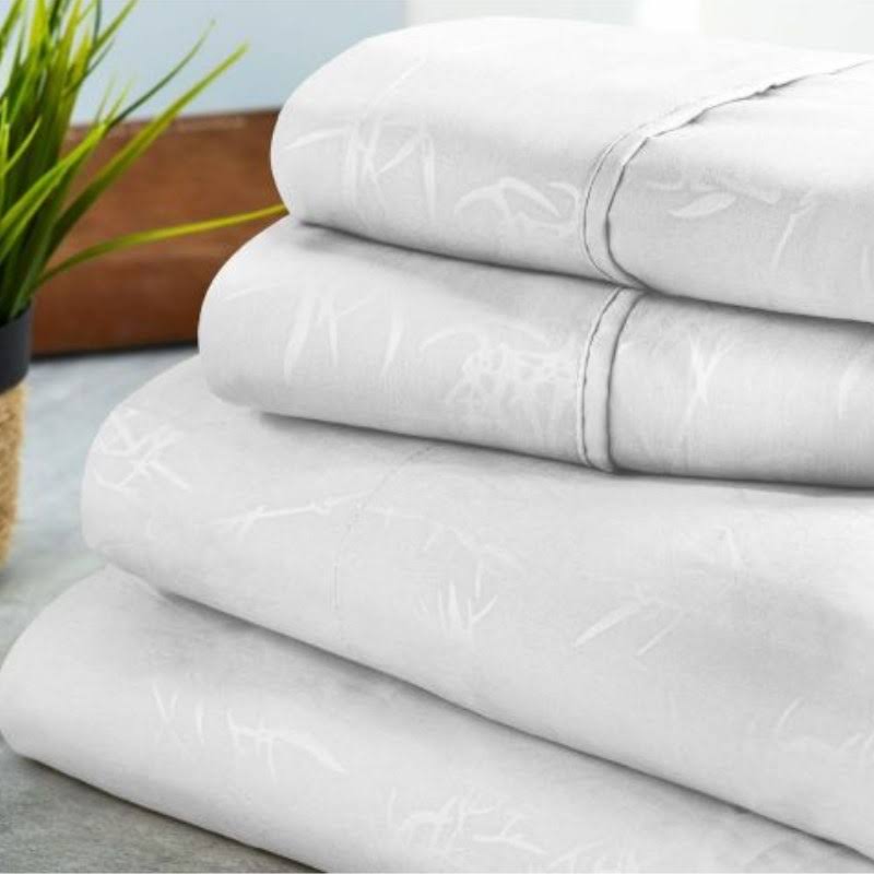 Bamboo 1800 Count Leaf Embossed Bed Sheet Set White / King