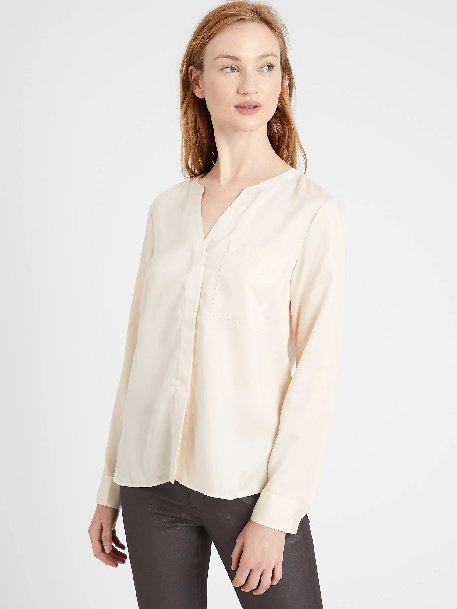 Banana Republic Women's Banded Collar Shirt Light Almond Beige Tall Size XL